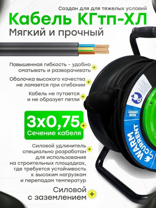 Удлинитель силовой на катушке с заземлением садовый строительный с 4-мя розетками КГтп-ХЛ 3х0,75 10 метров