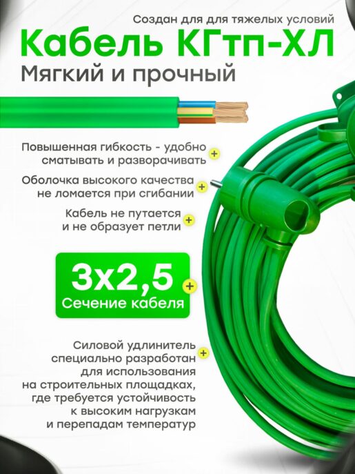 Удлинитель силовой строительный садовый 2 розетки 15 метров КГтп 3х2.5