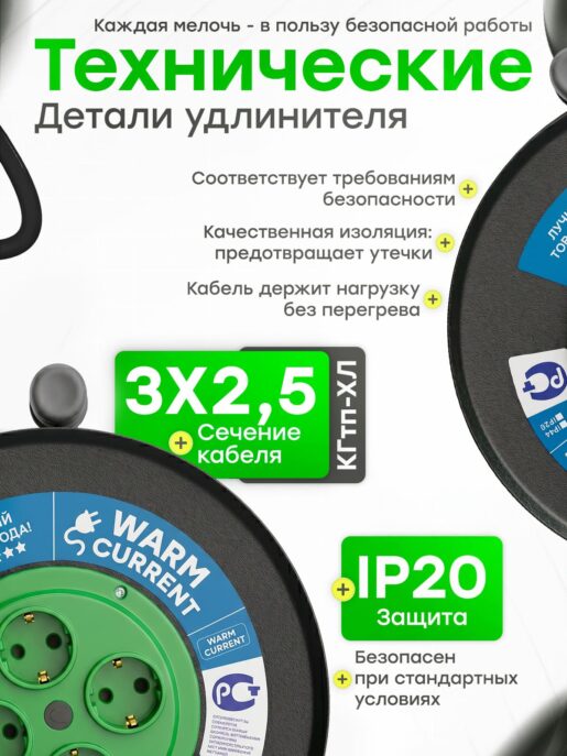 Удлинитель силовой на металлической катушке садовый строительный с 4-мя розетками КГтп-ХЛ 3х2,5 40 метров